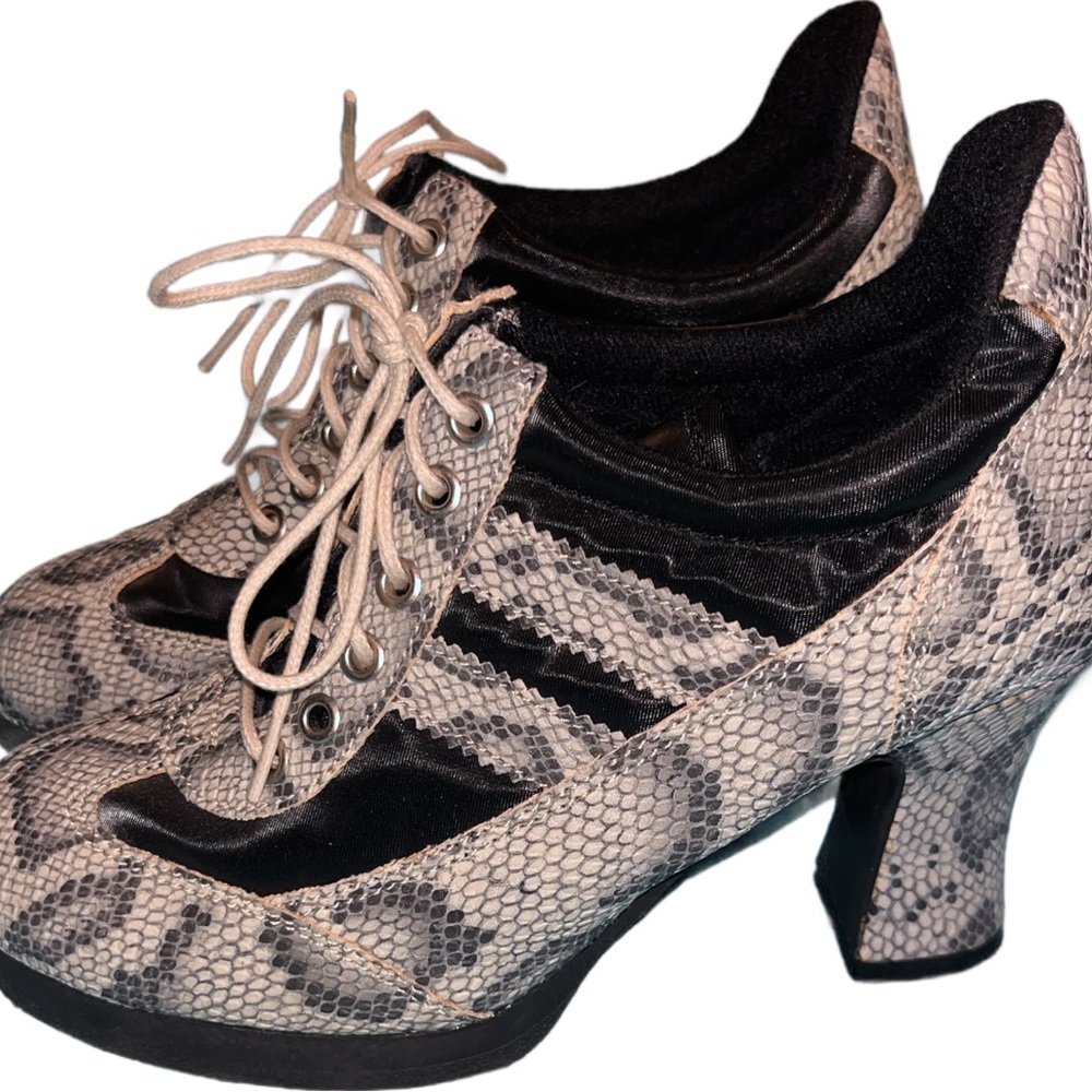 Snake-Print Lace-Up Heels in Black and Cream